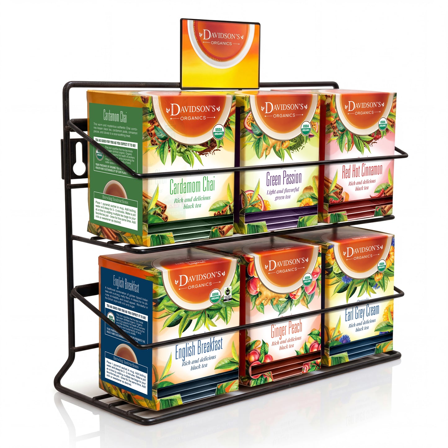 Tea box display rack with Davidson's Organic tea packages on a white background