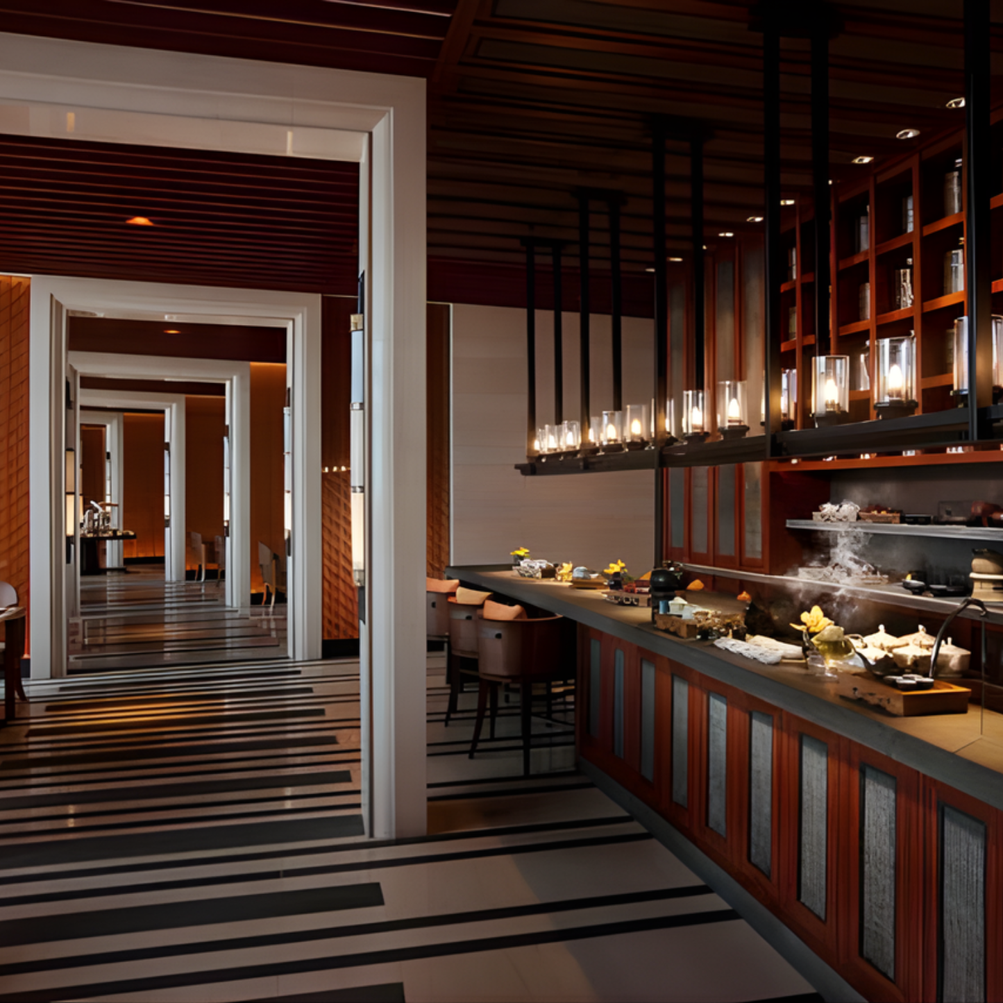 Modern bar interior with wooden shelves and a striped floor.