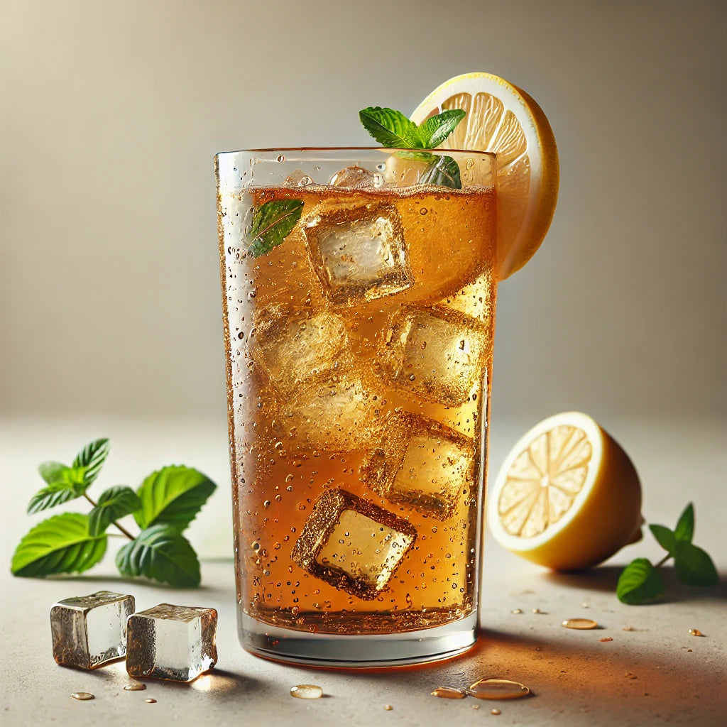 Glass of iced tea with lemon and mint on a light background