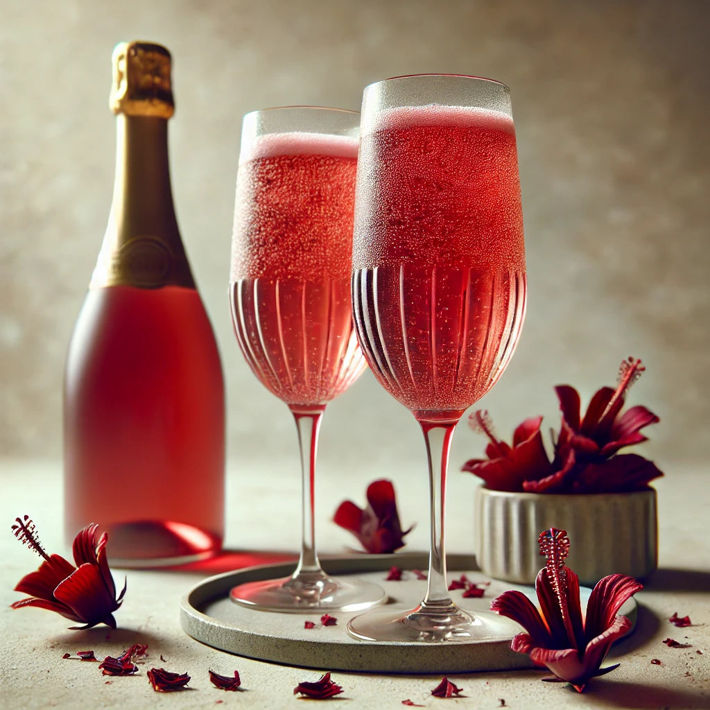 Two glasses of pink sparkling wine with a bottle on a decorative table.
