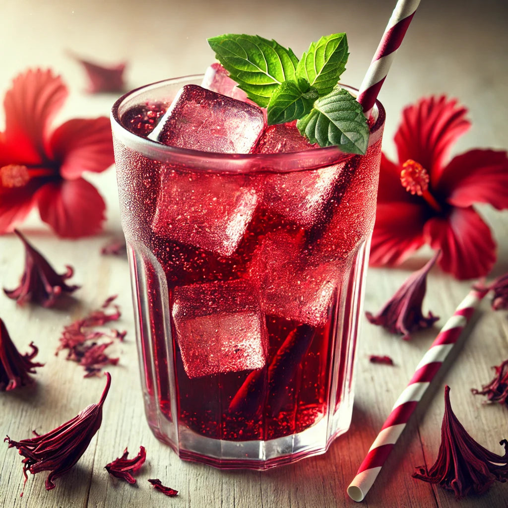 Glass of red drink with ice and mint leaves, surrounded by red flowers on a wooden surface.