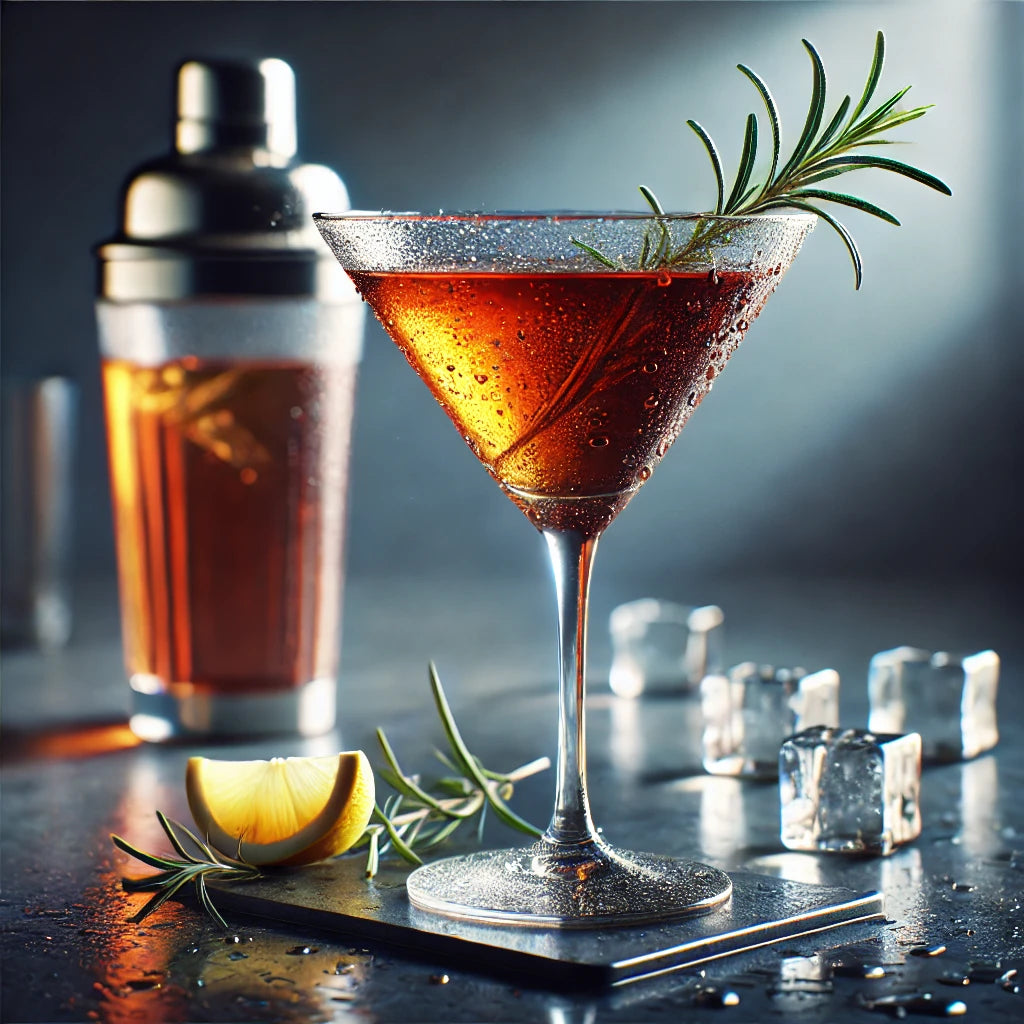 Cocktail with a rosemary garnish in a martini glass, surrounded by cocktail shaker, lemon wedge, and ice cubes on a dark surface.