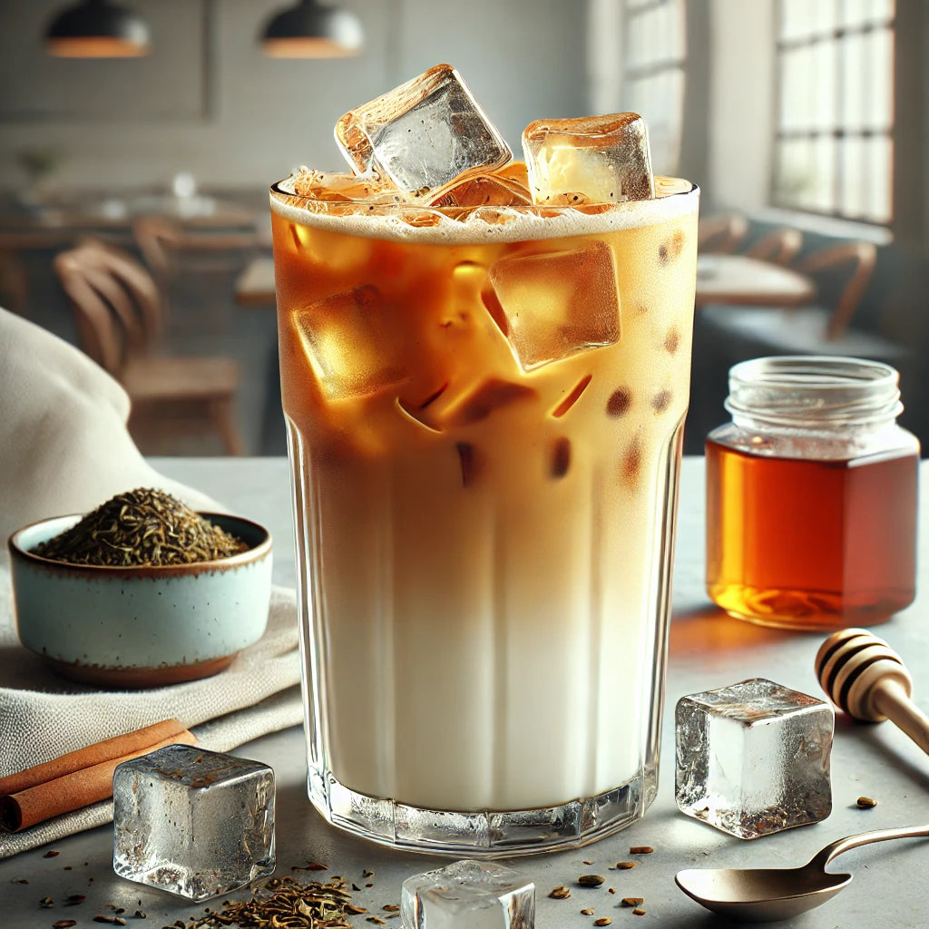 Glass of iced coffee with ice cubes on a table with a blurred cafe background