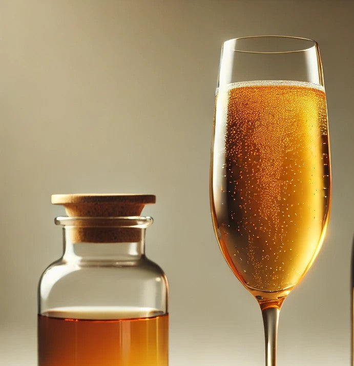 Glass of sparkling amber liquid next to a small bottle on a gradient background