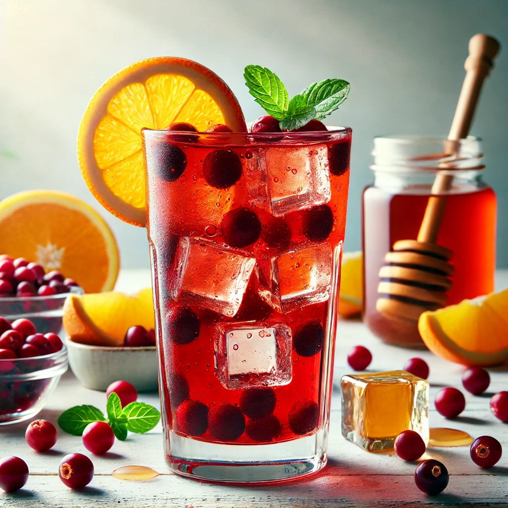 Glass of red berry drink with ice cubes, garnished with orange slices and mint leaves, on a table with berries and honey.