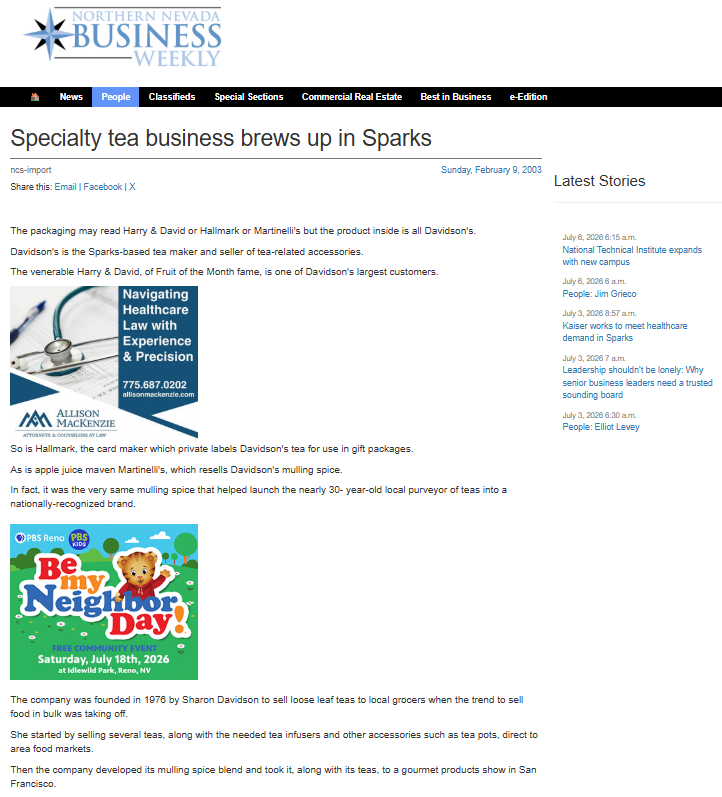 A screenshot of a Business Week magazine article page titled 'Specialty tea business brews up in Sparks' with a date of Sunday, September 2, 2001. The page includes a masthead, navigation bar, article text, a sidebar with 'Latest Stories', and a small embedded photo of a tea bag.
