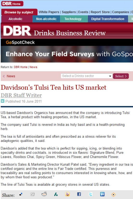 A screenshot of a Drinks Business Review (DBR) webpage featuring an article titled 'Davidson's Tulsi Tea hits US market' with text and publication details.