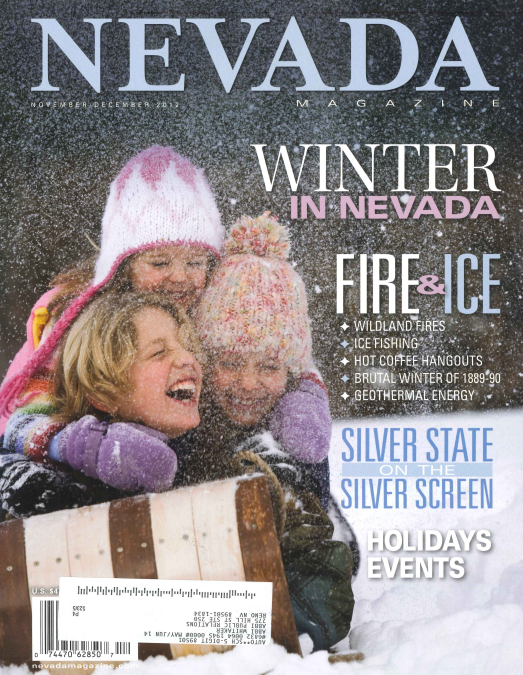 Cover of Nevada Magazine featuring three children laughing in the snow, bundled in winter clothing, with large cover text reading 'Winter in Nevada' and other article titles.
