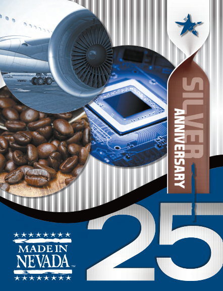 Collage of airplane, coffee beans, chip, and 'Made in Nevada' logo with 'Silver Anniversary 25' text.