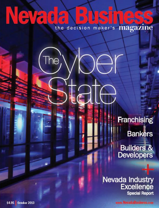 Nevada Business magazine cover from October 2013, featuring a futuristic server corridor with blue and red lighting. Large white text reads 'The Cyber State,' with red and white masthead text 'Nevada Business' at the top and article titles on the right.