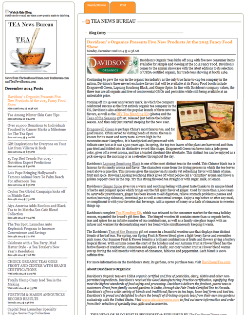 Tea news bureau webpage with text and images of tea products.