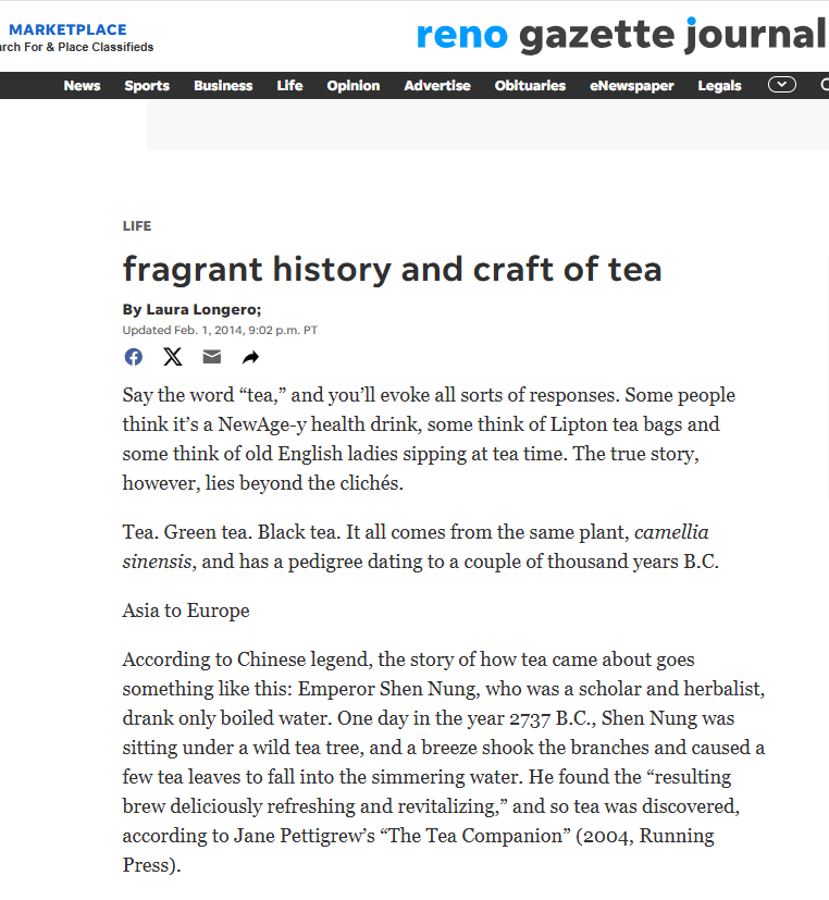 Article about the history and craft of tea on the Reno Gazette Journal website.