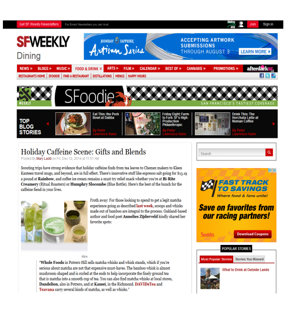 Screenshot of the SF Weekly website with a focus on food and drink content.