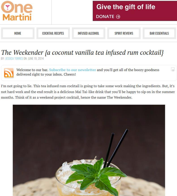 One Martini website with a coconut vanilla tea infused rum cocktail recipe