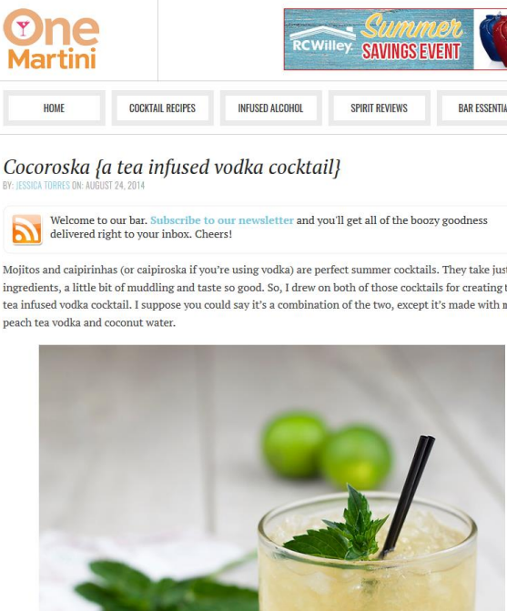 Cocktail recipe article with a glass of tea-infused vodka cocktail on a white background