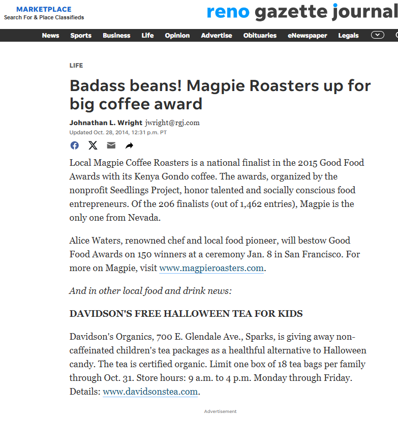 Reno Gazette Journal article about Magpie Coffee Roasters and Good Food Awards