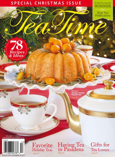 Magazine cover titled 'Tea Time' with a pumpkin and tea set on a festive background