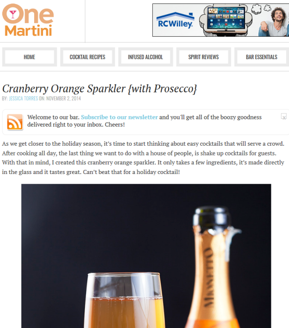 Cocktail recipe for Cranberry Orange Sparkler with Prosecco on One Martini website.