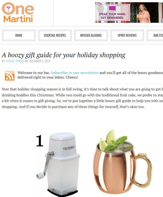 One Martini website with cocktail mixer and copper mug on a white background