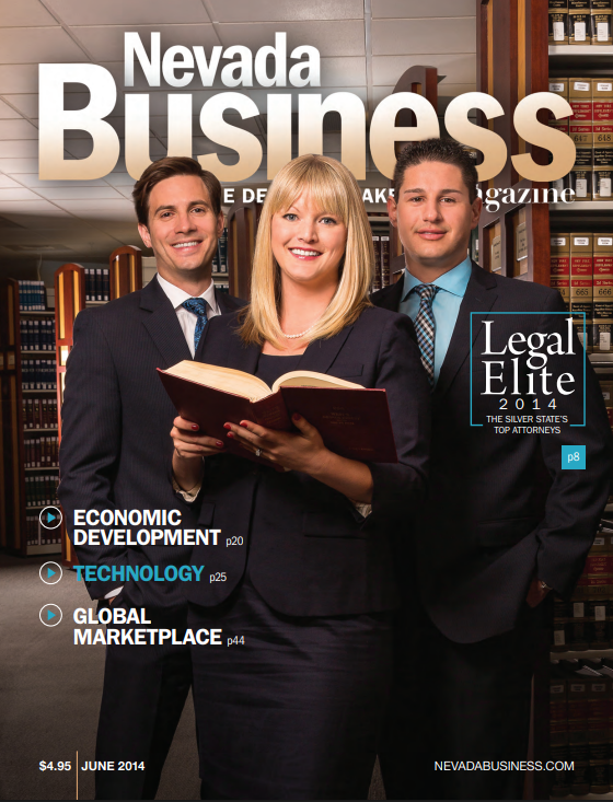 June 2014 issue cover of Nevada Business magazine, featuring three attorneys in suits standing in a law library. The title 'Nevada Business' is displayed prominently at the top, with article teasers for Economic Development, Technology, Global Marketplace, and Legal Elite 2014.