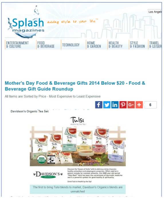 A screenshot of a Splash magazines webpage featuring a 'Mother's Day Food & Beverage Gifts 2014 Below $20 - Food & Beverage Gift Guide Roundup' article. The article highlights Davidsson's Organic Tea Set and Tulsi tea blends, with photos of packaged teas and cups of tea displayed on the webpage.