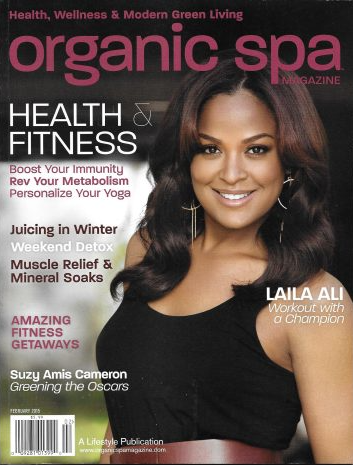 Cover of 'organic spa' magazine featuring a woman on the front with health and wellness topics.