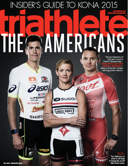 Triathlete magazine cover featuring three athletes in triathlon suits with text 'Insider's Guide to Kona 2015' and 'The Americans'.