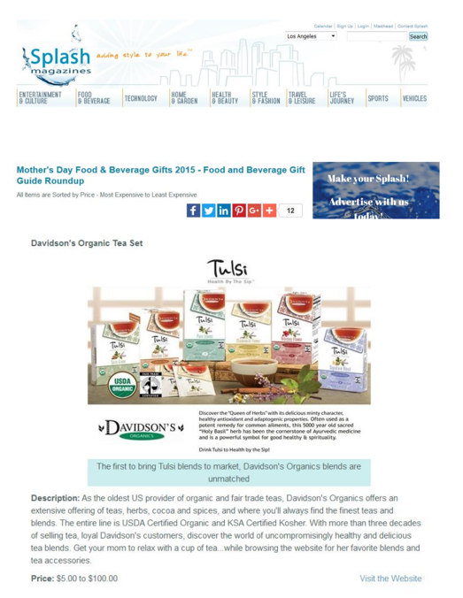 A screenshot of a Davidsson's Organic Tea Set product page from Splash magazines, showing multiple tea bags arranged in a wooden box with descriptive text below.