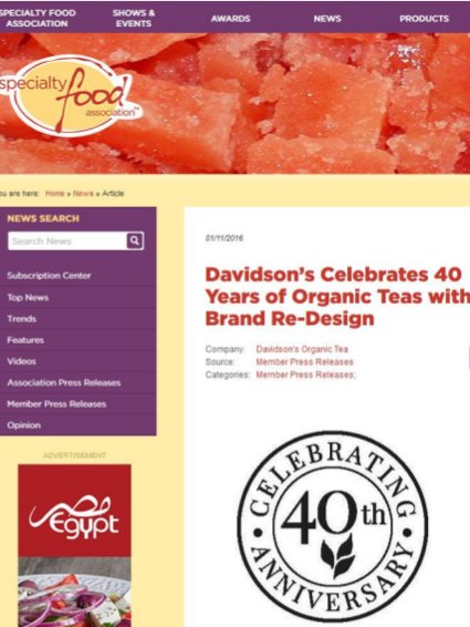 Webpage with Davidson's Organic Teas celebrating 40 years of organic teas and brand re-design.