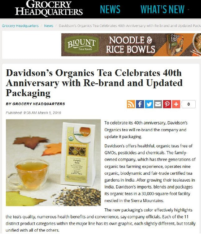 Screenshot of Grocery Heeadquarters news page titled "Davidson's Organics Tea Celebrates 40th Anniversary with Re-brand and Updated Packaging" 