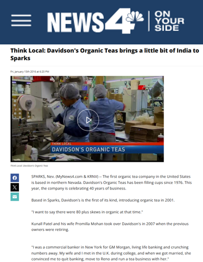 News article about Davidson's Organic Teas on a website with a video player.
