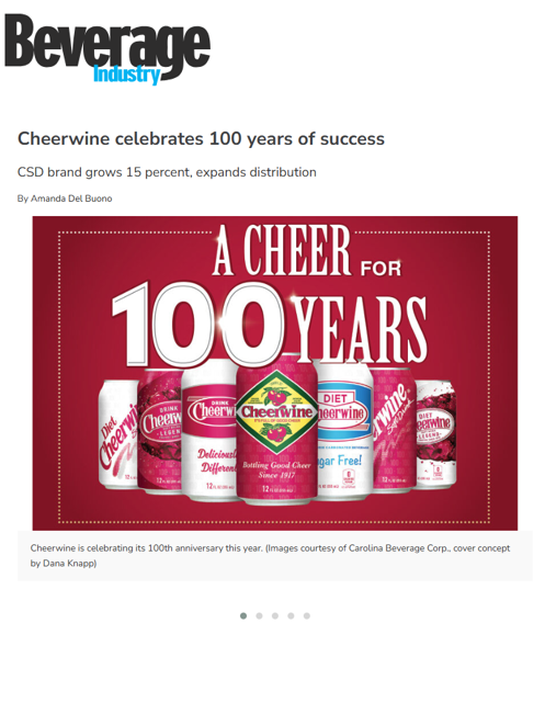 Advertisement for Cheerwine celebrating 100 years with product images on a red background.
