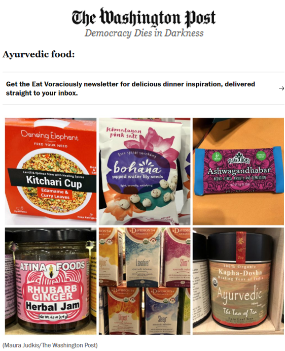 Promotional graphic for Ayurvedic food products with 'The Washington Post' branding.