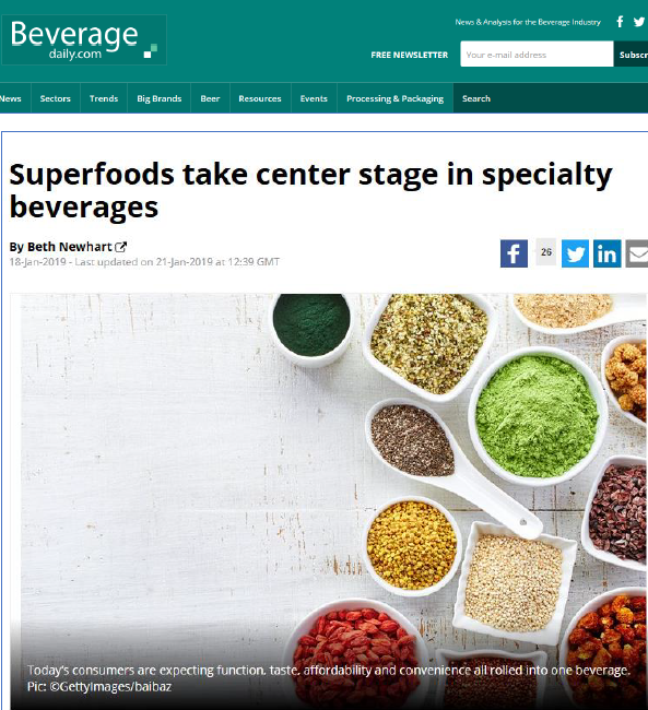 Beverage Daily article about superfoods in specialty beverages with images of various superfoods.