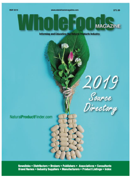 WholeFoods Magazine 2019 Source Directory cover with natural elements on a blue background