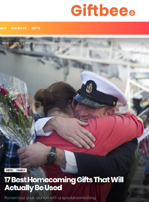 Man in a navy uniform hugging a woman with flowers, on a Giftbee website page about homecoming gifts.