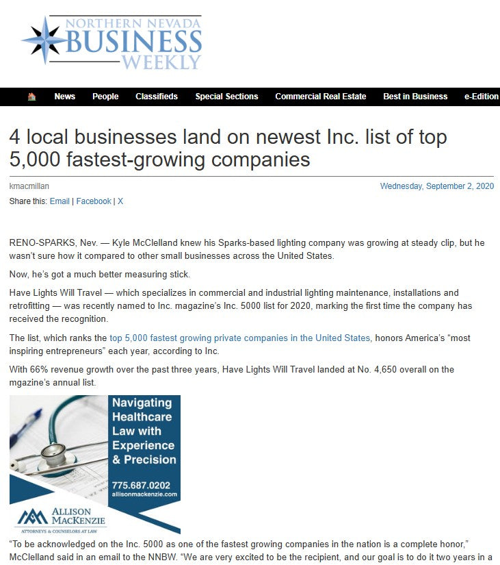 A screenshot of a Business Week article page with the headline '4 local businesses land on newest Inc. list of top 5 fastest-growing companies.