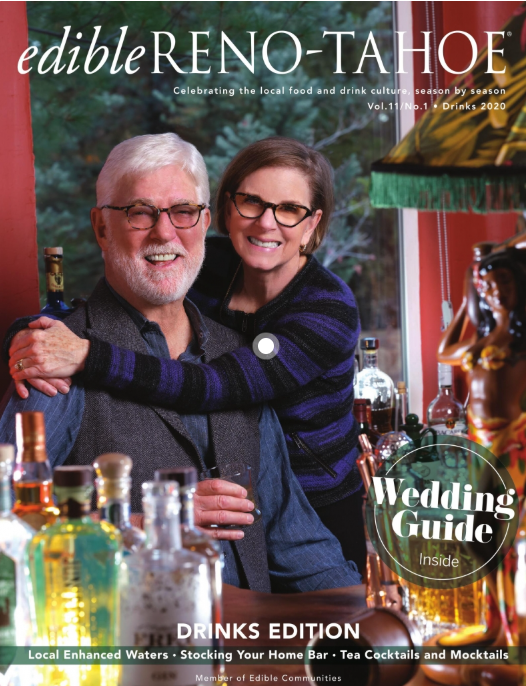 Cover of 'edible Reno-Tahoe' magazine featuring a couple at a bar with a 'Wedding Guide' inside.