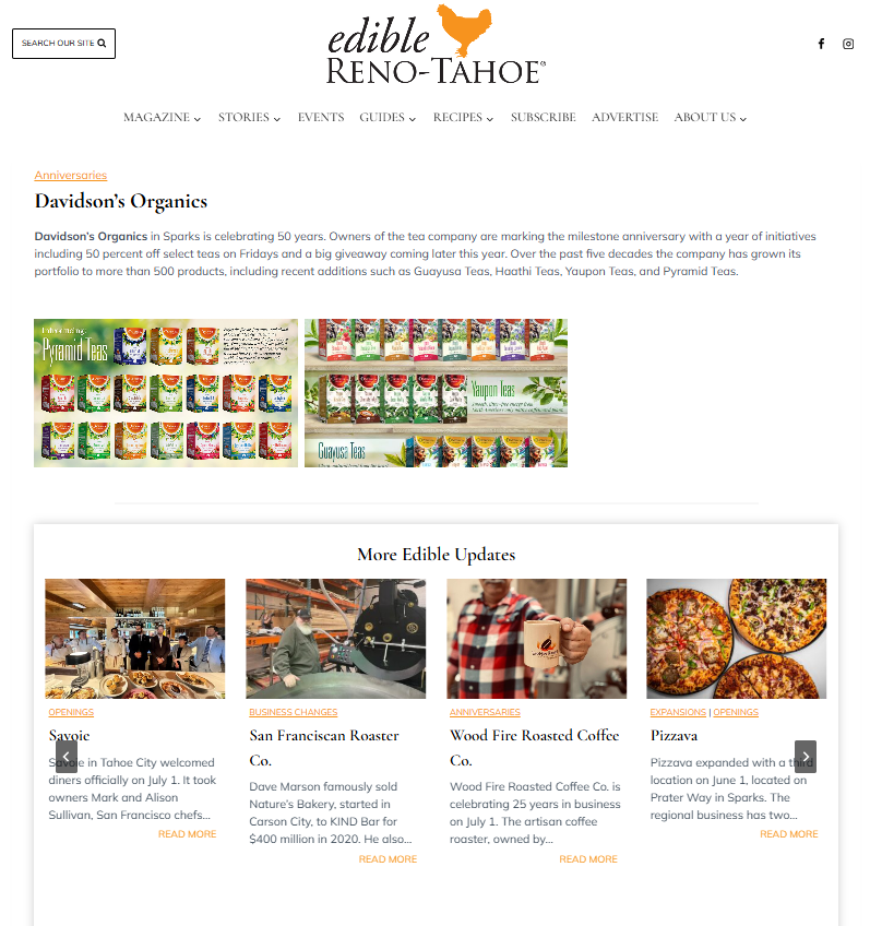 A screenshot of the Edible Reno-Tahoe website featuring an article about Davidson's Organics in Spain, with a banner of colorful coffee bags and three 'More Edible Updates' photo tiles below.