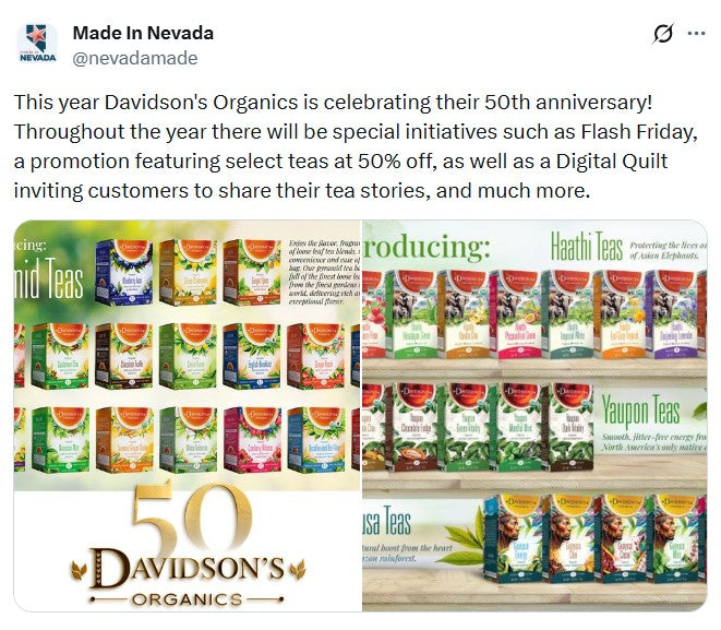 A promotional social media post from Davidson's Organics celebrating their 50th anniversary, featuring a grid of various tea boxes and shelves of packaged teas, with text about special initiatives like Flash Friday and a digital quilt.