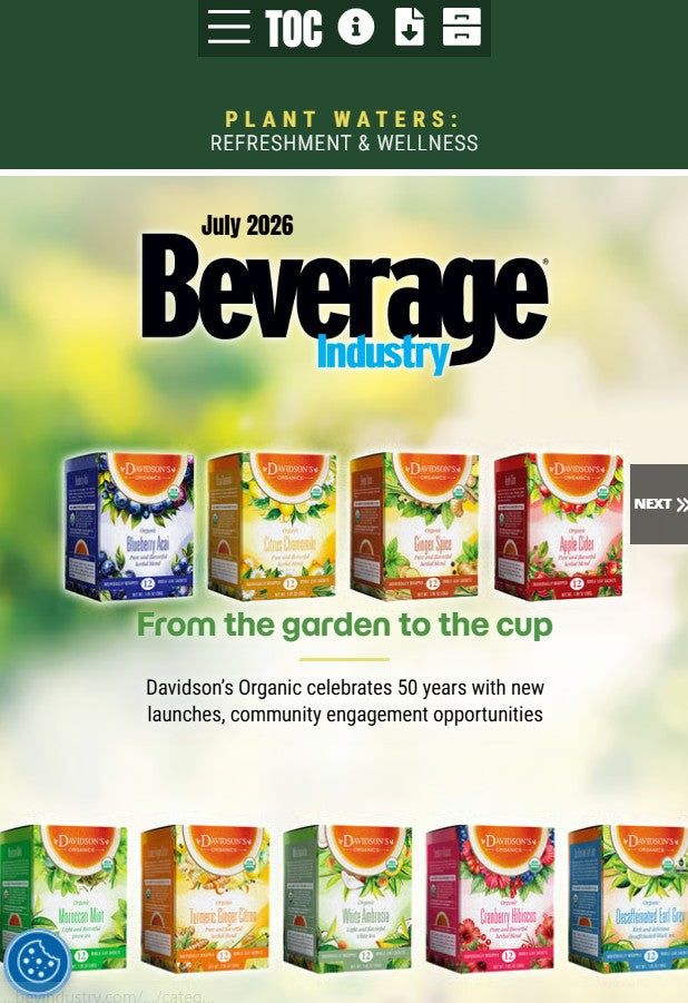 A magazine or industry report cover titled 'Beverage Industry July 2026' with a green header and multiple Davidsson's Organic beverage box products displayed across the cover.