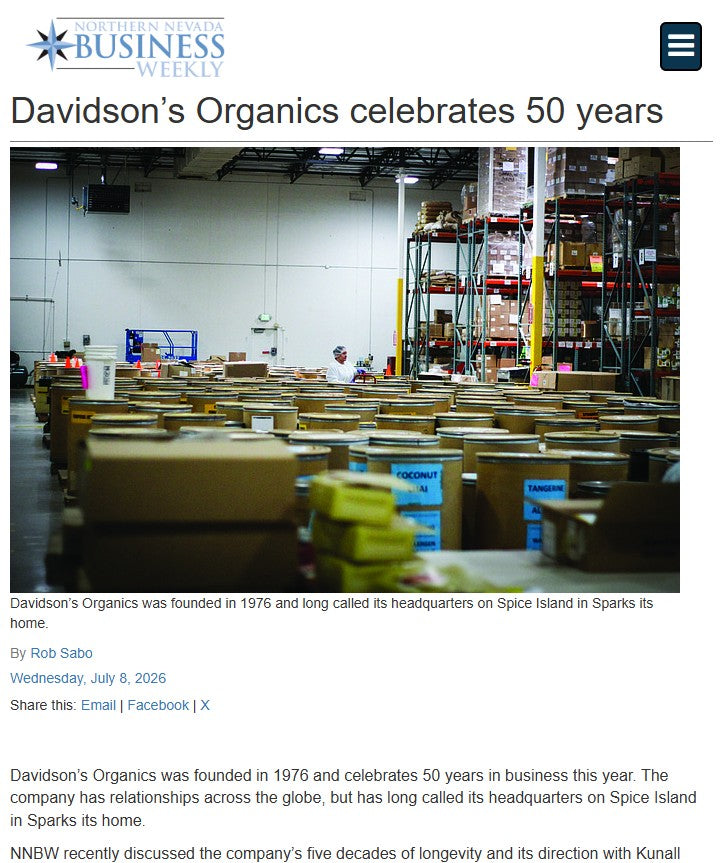 A newspaper-style article header and photo from Business Weekly about Davidson's Organics celebrating 50 years, with a warehouse scene showing boxes and shelving.