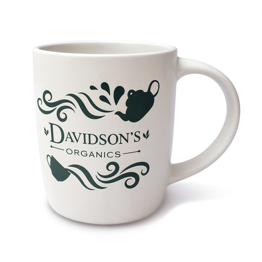 White mug with 'Davidson's Organics' branding on a white background