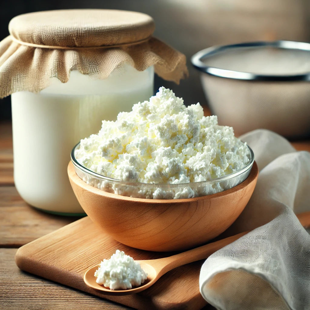 Glass bowl filled with fresh cottage cheese on a wooden table, with a jar of milk in the background.