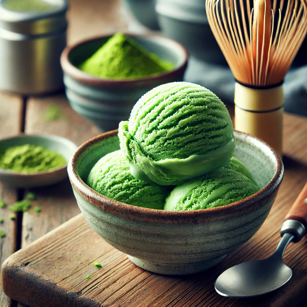 Green matcha ice cream in a bowl with matcha powder and whisk on a wooden table