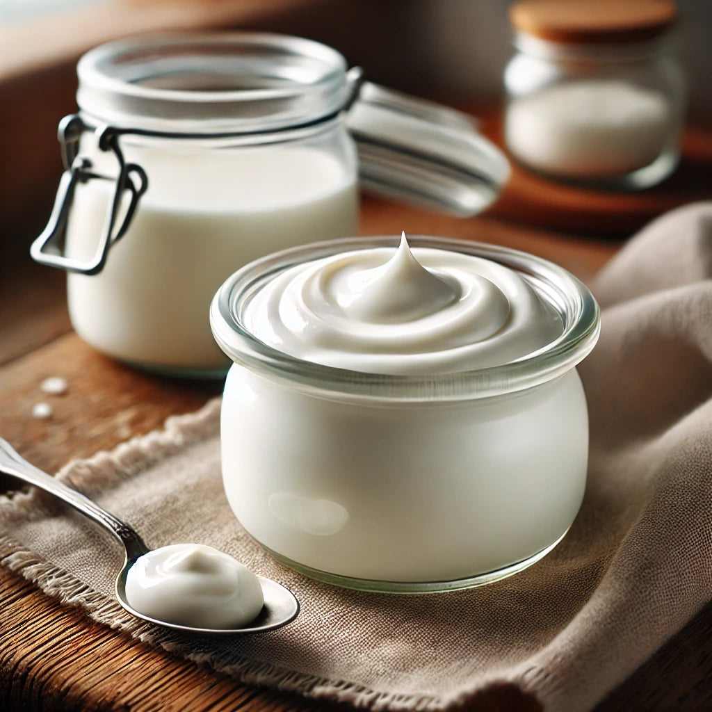 Glass jar of yogurt with a spoonful on a wooden surface