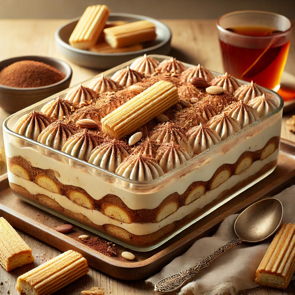 Layered dessert in a glass dish with a spoon and tea on a wooden table