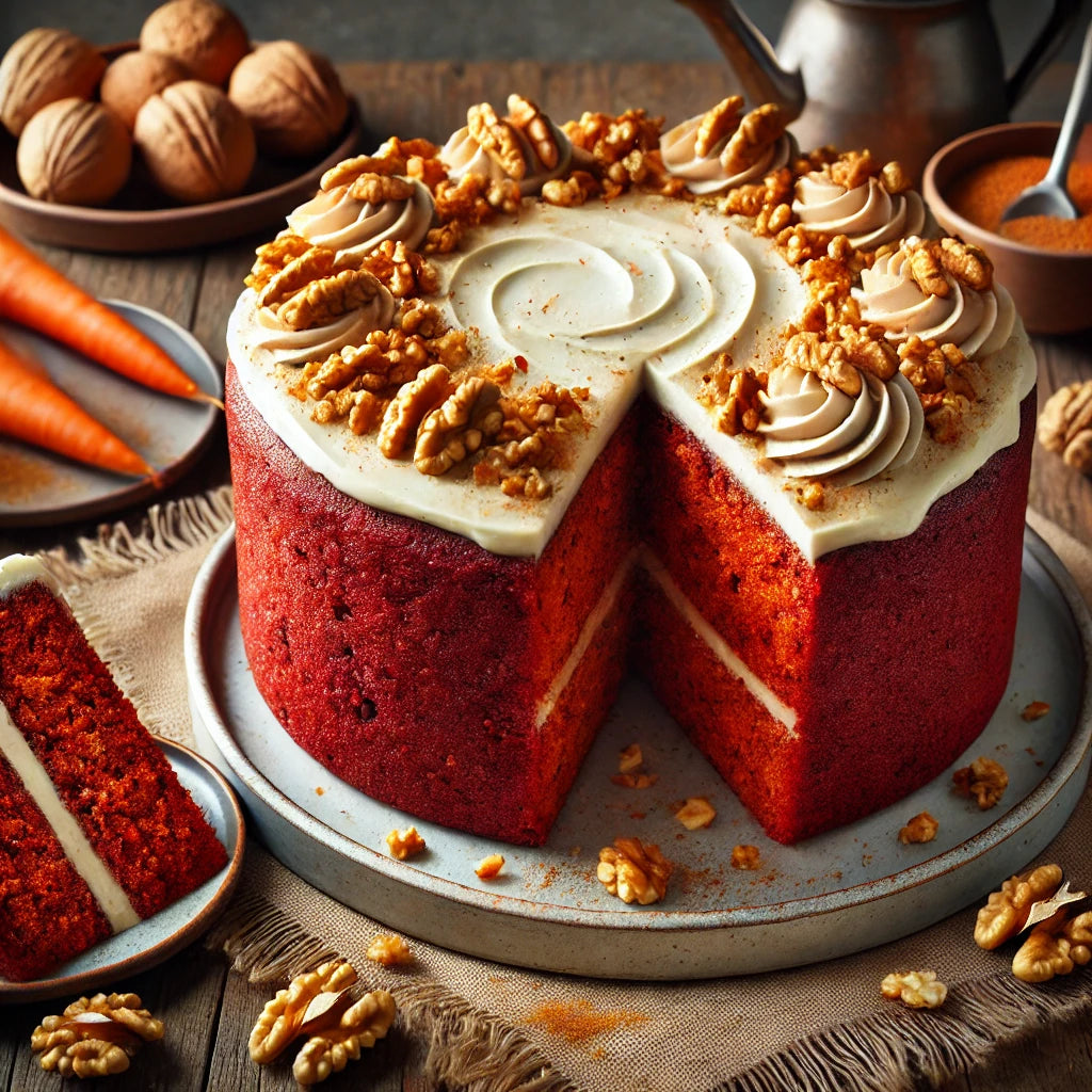 Red velvet cake with white frosting and walnuts on a wooden table.