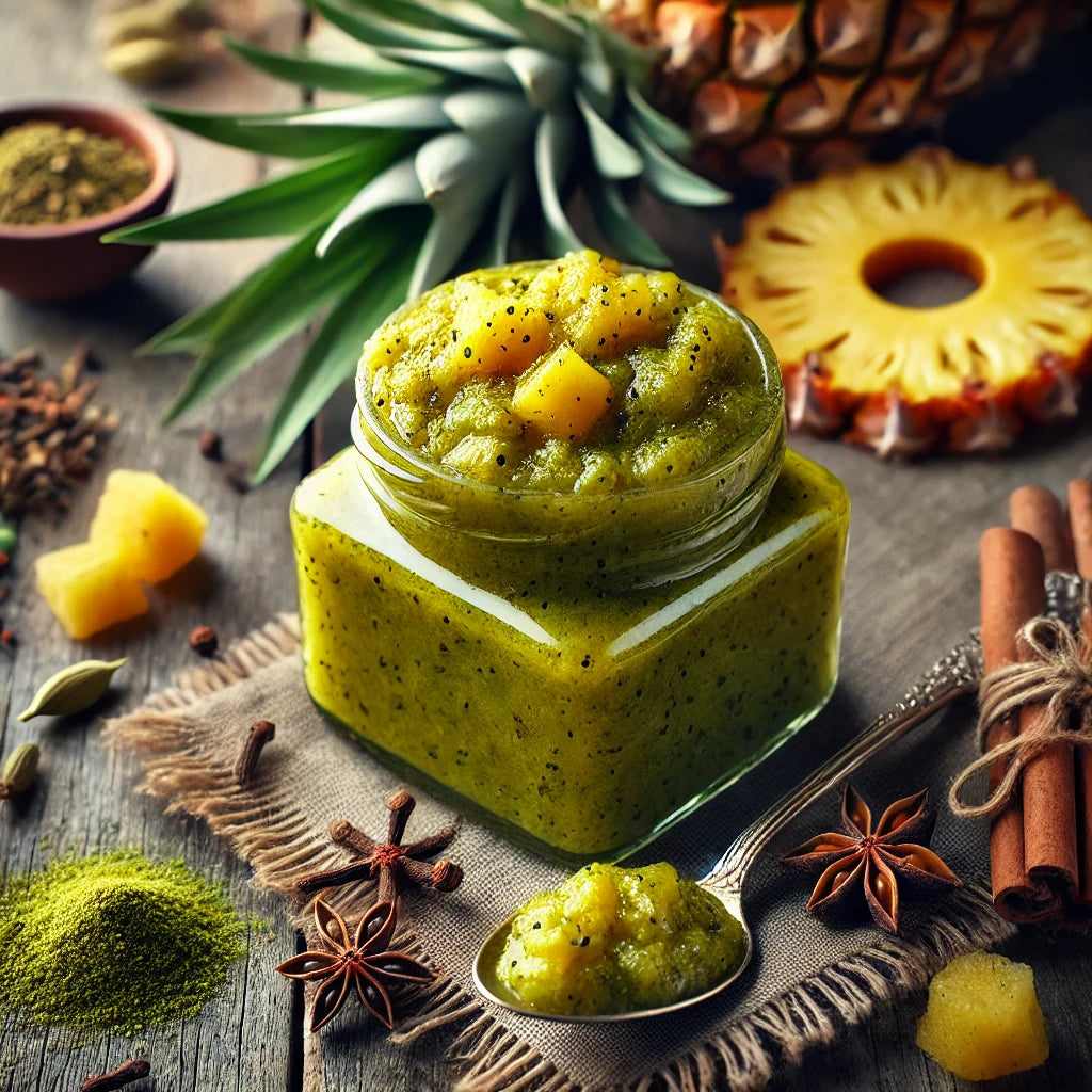 Jar of green chutney with pineapple pieces, surrounded by spices and a pineapple on a wooden surface.