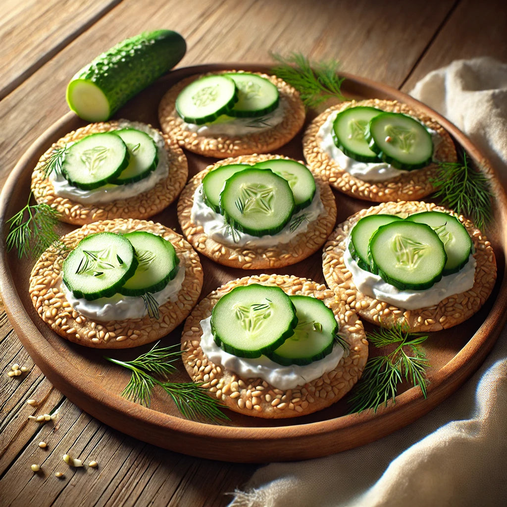 Platter of crackers with cream cheese and cucumber slices on a wooden surface